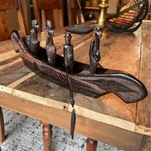 Tanzania Karibu Hand Carved African Ebony Wood Tribal Boat With 4 Fishermen Figu